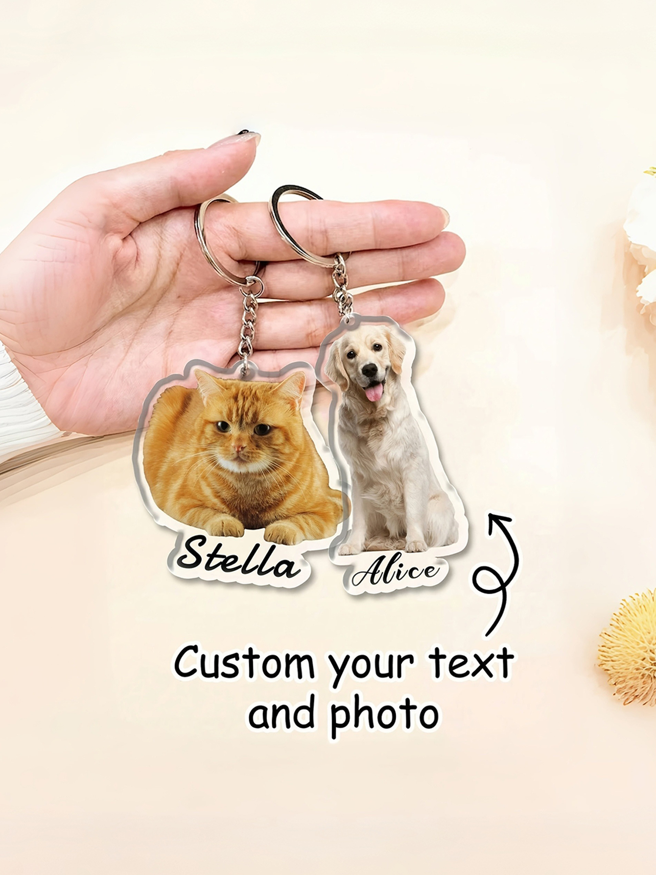 1personalized acrylic keychain, custom name and photo keychain, cat and dog acrylic keychains